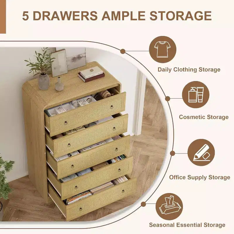 Commode 5 tiroirs pour chambre à coucher, commode en bois de 112 cm de hauteur, meuble de rangement moderne pour vêtements, commode étroite pour chambre à coucher