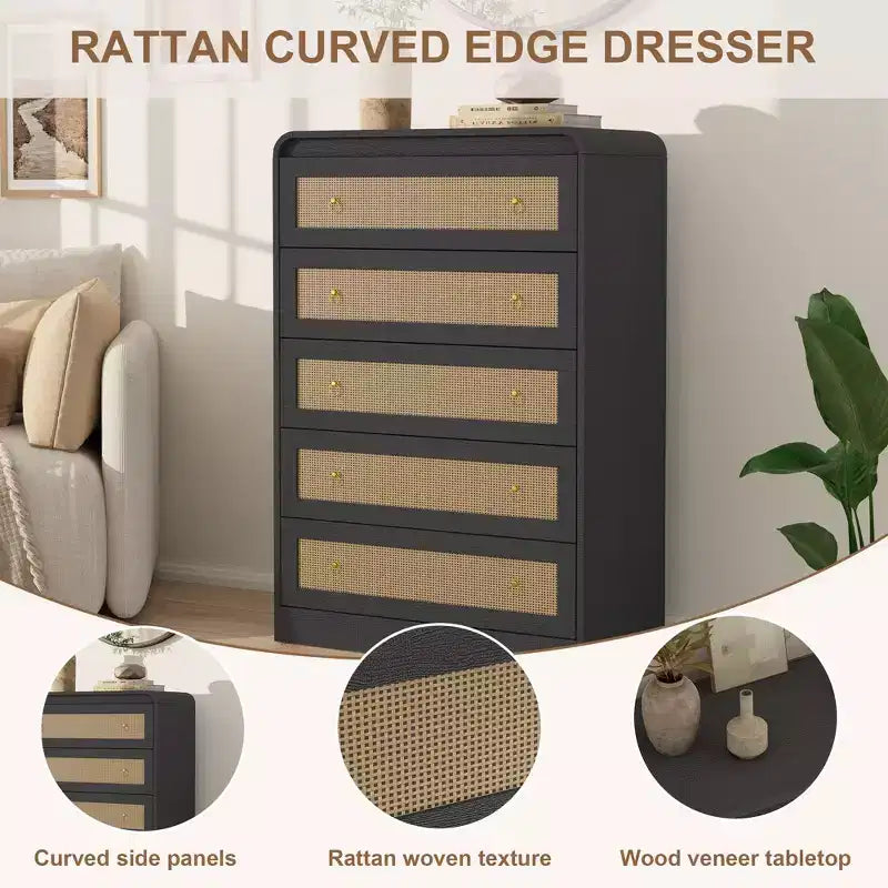 5 Drawer Dresser for Bedroom, 44H Wooden Chest of Drawers, Modern Clothes Storage Organizer, Dresser Narrow Nightstand for Bedroom