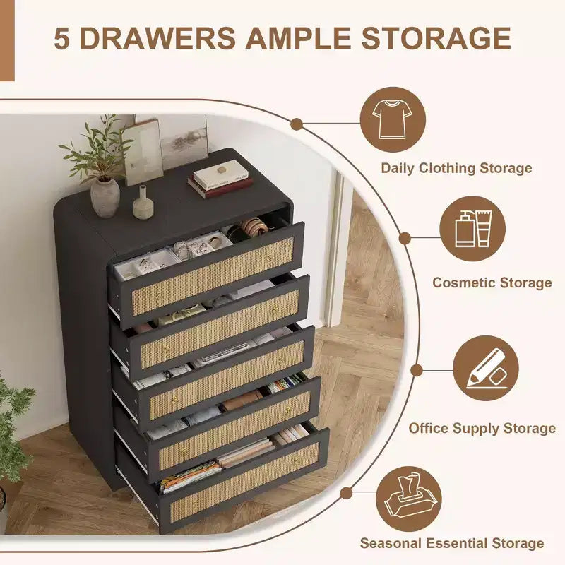 Commode 5 tiroirs pour chambre à coucher, commode en bois de 112 cm de hauteur, meuble de rangement moderne pour vêtements, commode étroite pour chambre à coucher