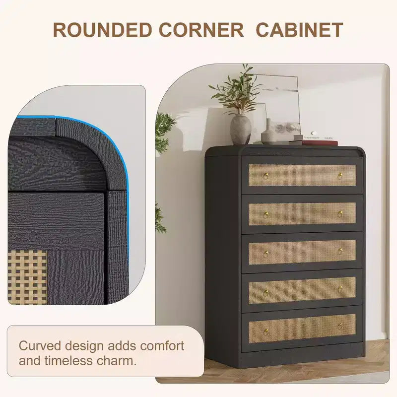 5 Drawer Dresser for Bedroom, 44H Wooden Chest of Drawers, Modern Clothes Storage Organizer, Dresser Narrow Nightstand for Bedroom