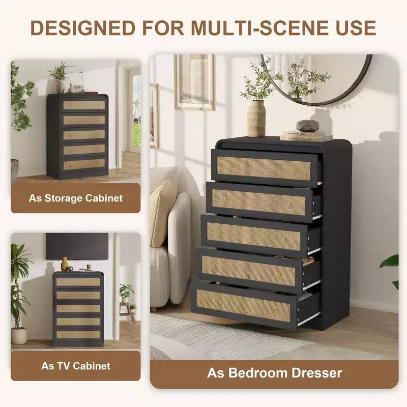 Commode 5 tiroirs pour chambre à coucher, commode en bois de 112 cm de hauteur, meuble de rangement moderne pour vêtements, commode étroite pour chambre à coucher
