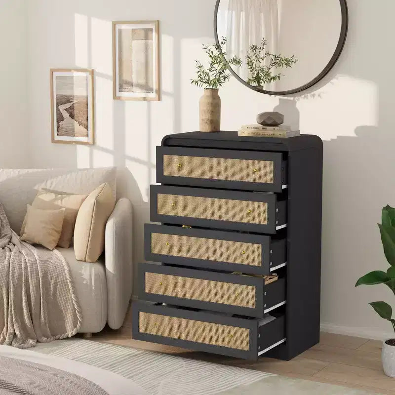 Commode 5 tiroirs pour chambre à coucher, commode en bois de 112 cm de hauteur, meuble de rangement moderne pour vêtements, commode étroite pour chambre à coucher