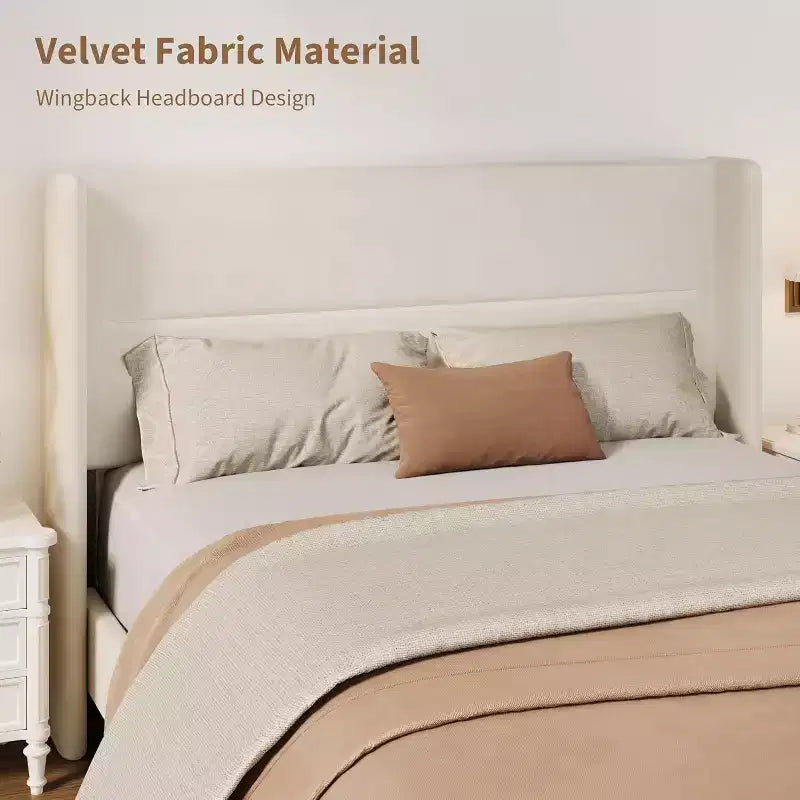 Velvet Upholstered Platform Bed Frame with Tufted Wingback Headboard
