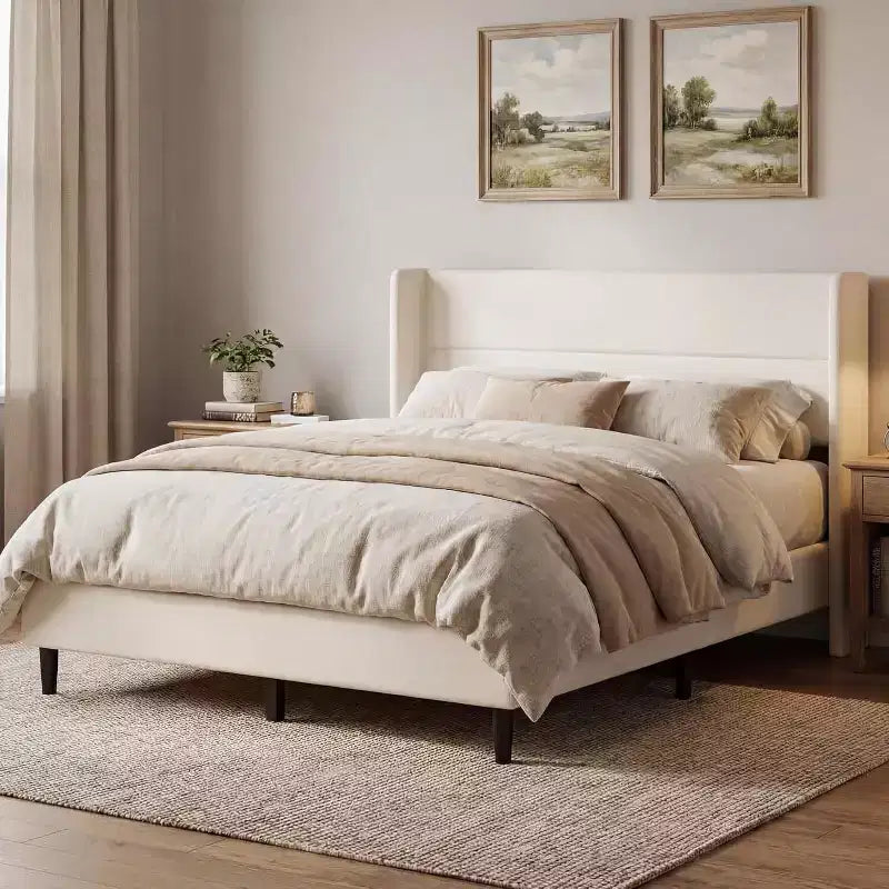 GuatoWave Velvet Upholstered Platform Bed Frame with Tufted Wingback Headboard