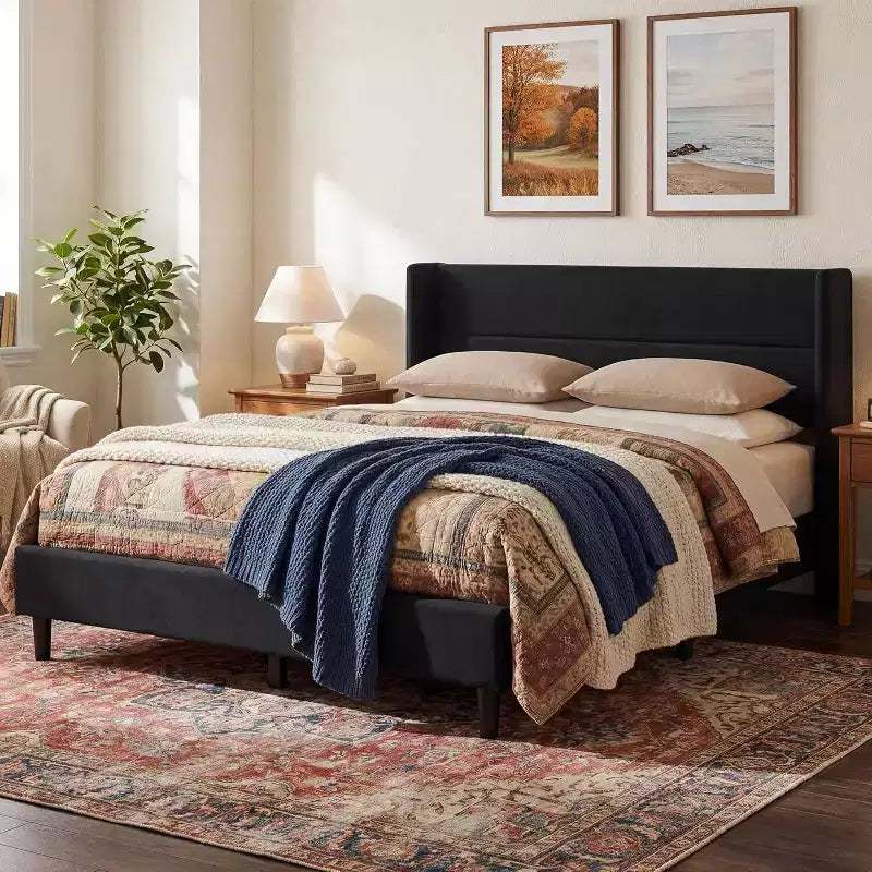 Velvet Upholstered Platform Bed Frame with Tufted Wingback Headboard