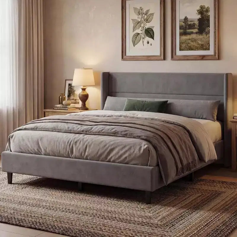 Velvet Upholstered Platform Bed Frame with Tufted Wingback Headboard