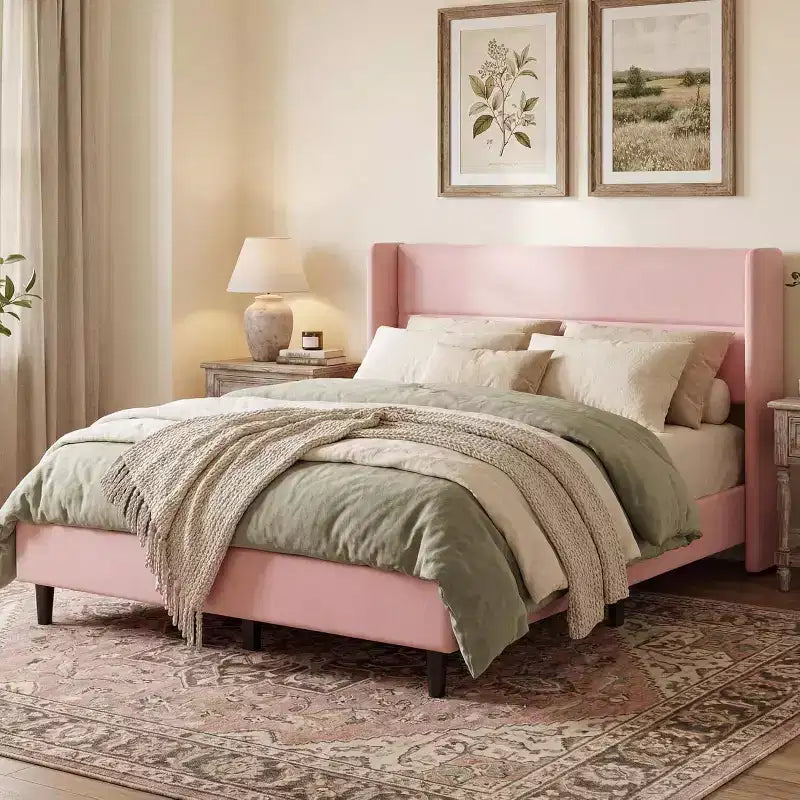 Velvet Upholstered Platform Bed Frame with Tufted Wingback Headboard