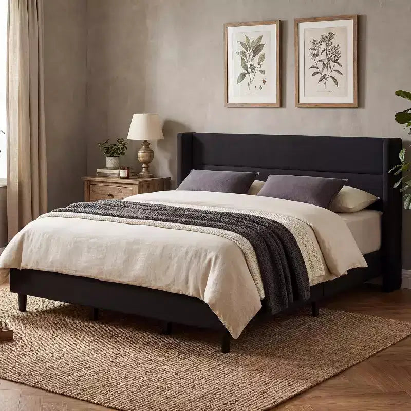 Velvet Upholstered Platform Bed Frame with Tufted Wingback Headboard