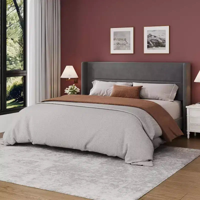 Velvet Upholstered Platform Bed Frame with Tufted Wingback Headboard
