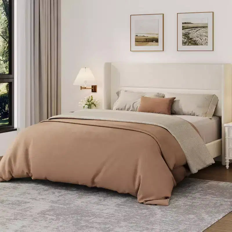 Velvet Upholstered Platform Bed Frame with Tufted Wingback Headboard