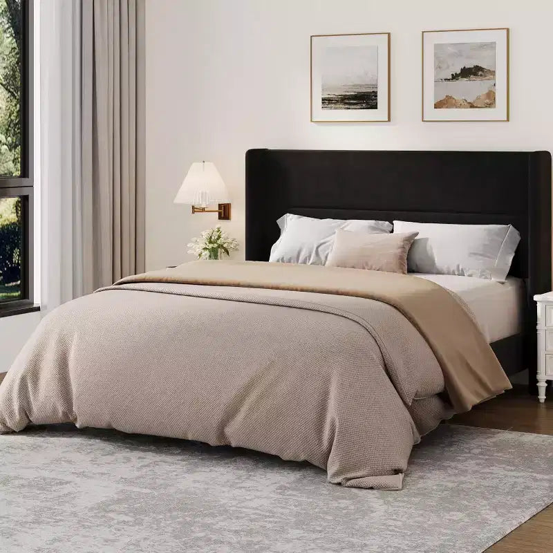 Velvet Upholstered Platform Bed Frame with Tufted Wingback Headboard