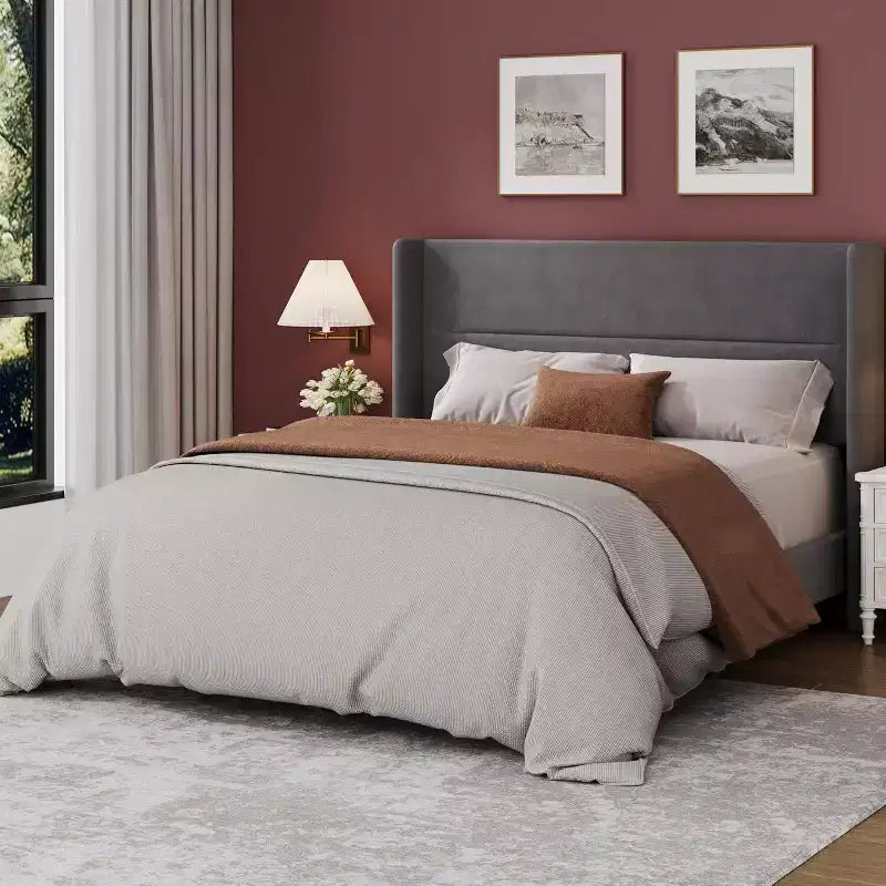 Velvet Upholstered Platform Bed Frame with Tufted Wingback Headboard