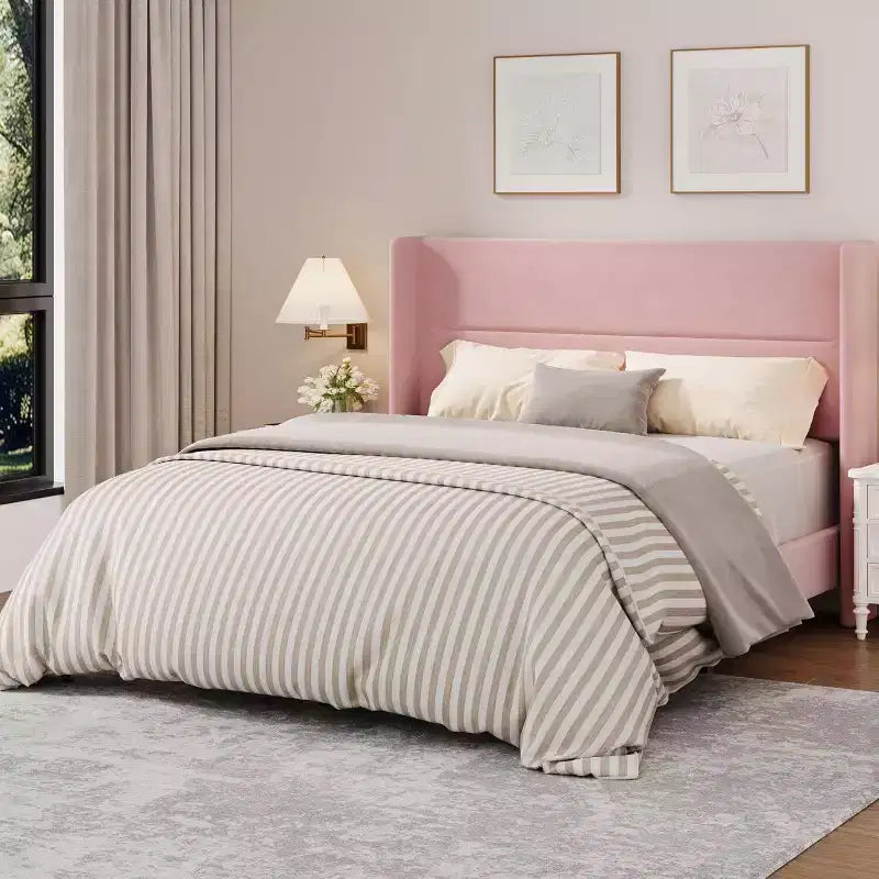 Velvet Upholstered Platform Bed Frame with Tufted Wingback Headboard