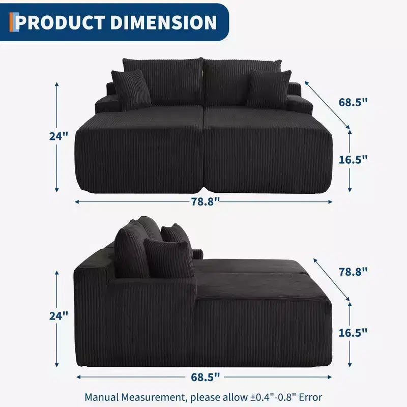 Canapé-lit surdimensionné en velours côtelé - 79'' de profondeur, sans assemblage, 4 oreillers et accoudoirs, causeuse confortable pour salon, chambre, bureau