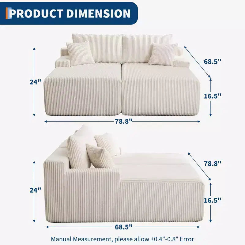 Canapé-lit surdimensionné en velours côtelé - 79'' de profondeur, sans assemblage, 4 oreillers et accoudoirs, causeuse confortable pour salon, chambre, bureau