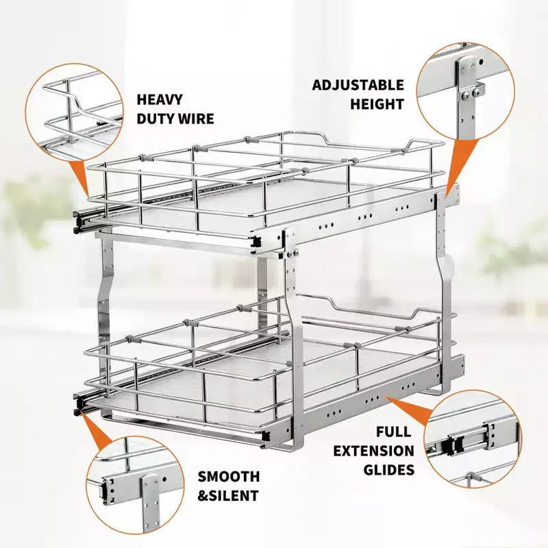 Kitchen Cabinet Pull-Out Basket, Metal Slide Out Drawer with Double Layer Slide Rail, Smooth Sliding Organizer for Pots Pans Spices