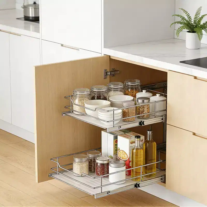 Panier coulissant pour meuble de cuisine, tiroir coulissant en métal avec rail de guidage double couche, organisateur coulissant fluide pour casseroles, poêles, épices