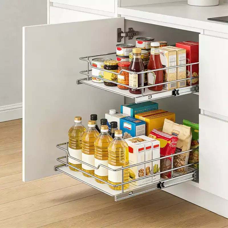 Panier coulissant pour meuble de cuisine, tiroir coulissant en métal avec rail de guidage double couche, organisateur coulissant fluide pour casseroles, poêles, épices