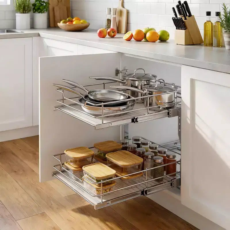 Panier coulissant pour meuble de cuisine, tiroir coulissant en métal avec rail de guidage double couche, organisateur coulissant fluide pour casseroles, poêles, épices