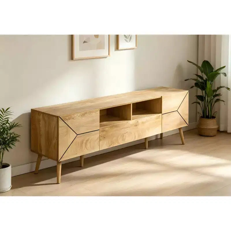 Meuble TV console moderne du milieu du siècle, 183 cm, centre de divertissement média en noyer avec tiroir de rangement