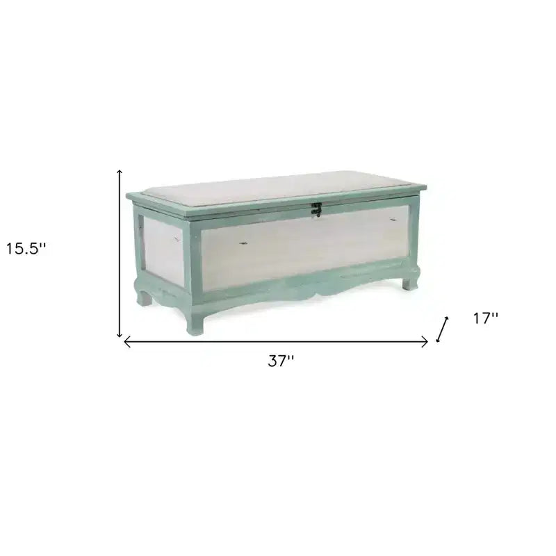 Banc rectangulaire vert en bois avec coussin d'assise et rangement intérieur