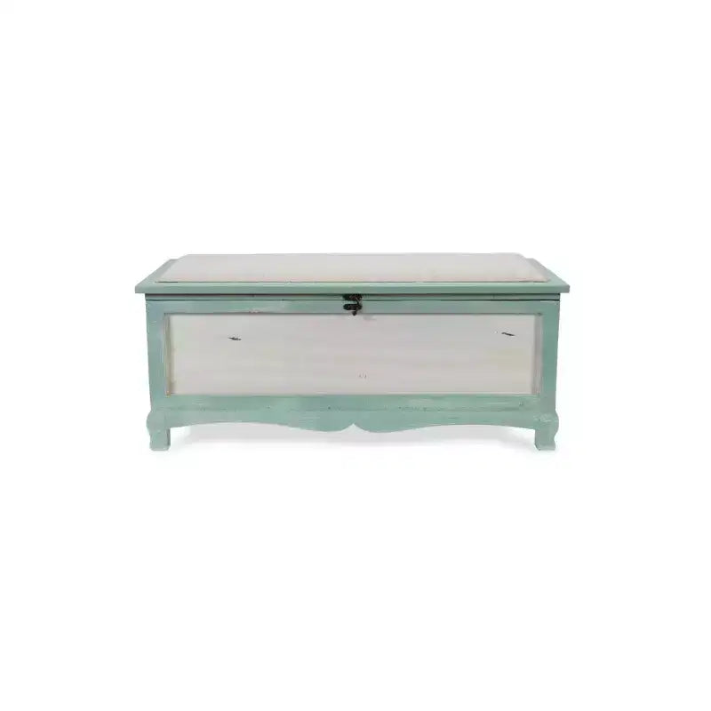 Banc rectangulaire vert en bois avec coussin d'assise et rangement intérieur