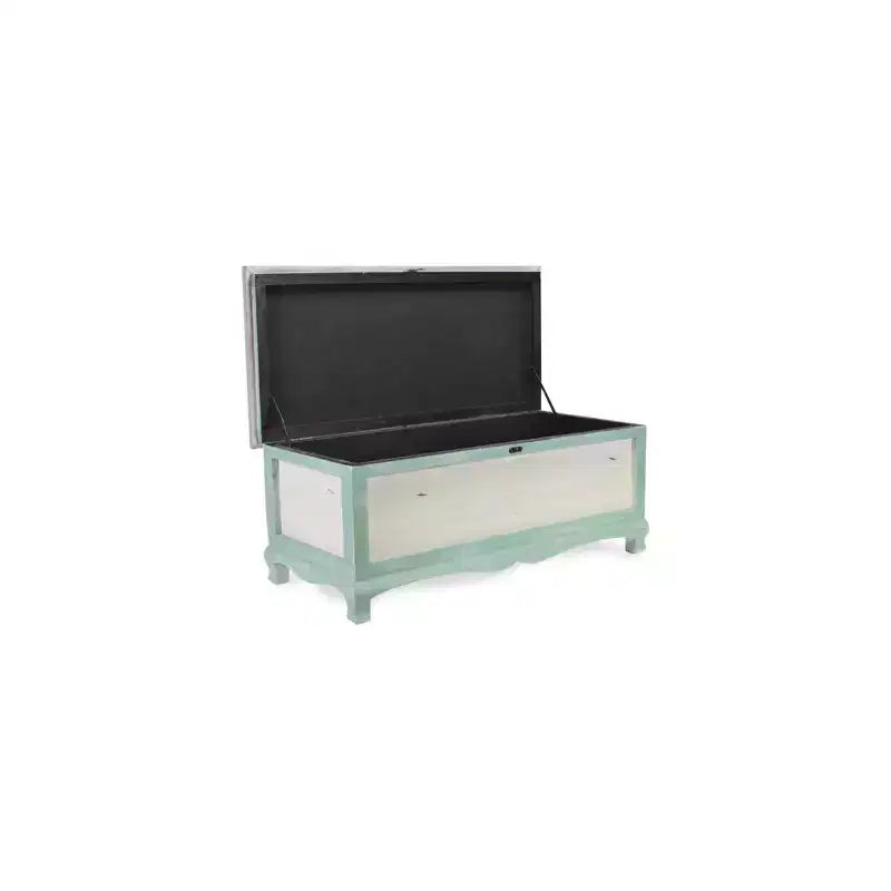 Banc rectangulaire vert en bois avec coussin d'assise et rangement intérieur