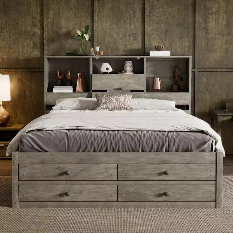 FAMYYT Queen Size Platform Bed with Storage Shelf and 8 Drawers, Easy Assembly
