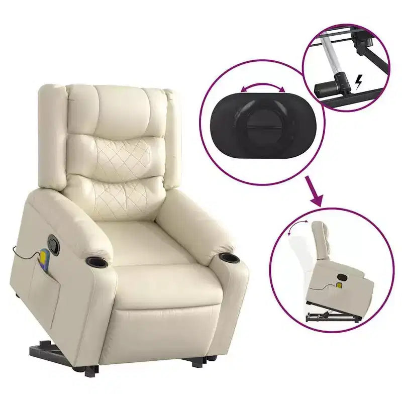 Fauteuil de massage inclinable avec fonction releveur en similicuir crème