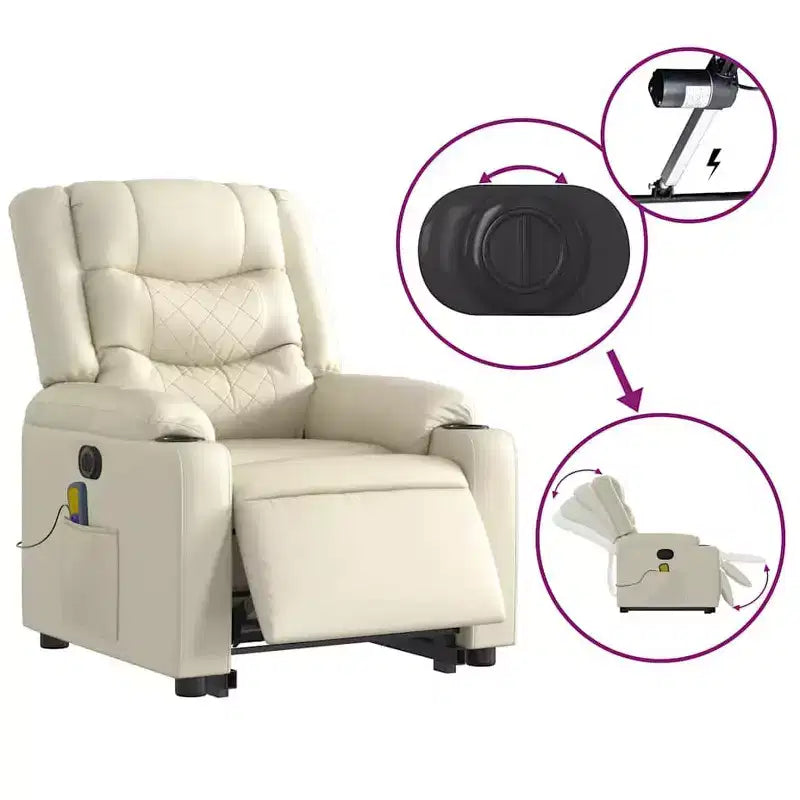 Fauteuil de massage inclinable avec fonction releveur en similicuir crème
