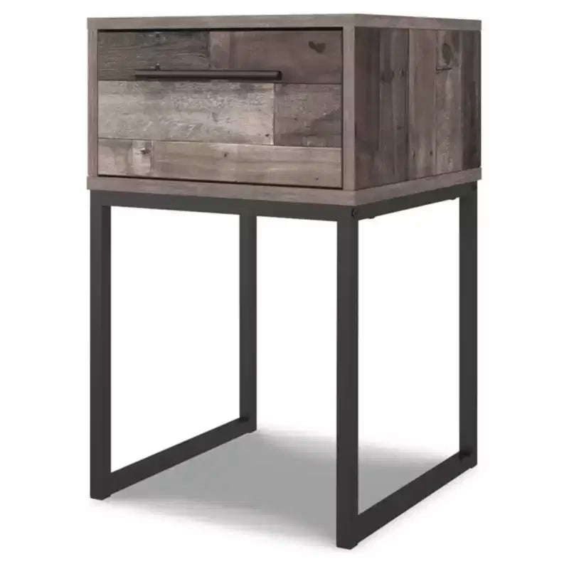 Neilsville Nightstand Black/Gray/Beige - : Rustic Mid-Century Modern, Metal Frame, Drawer