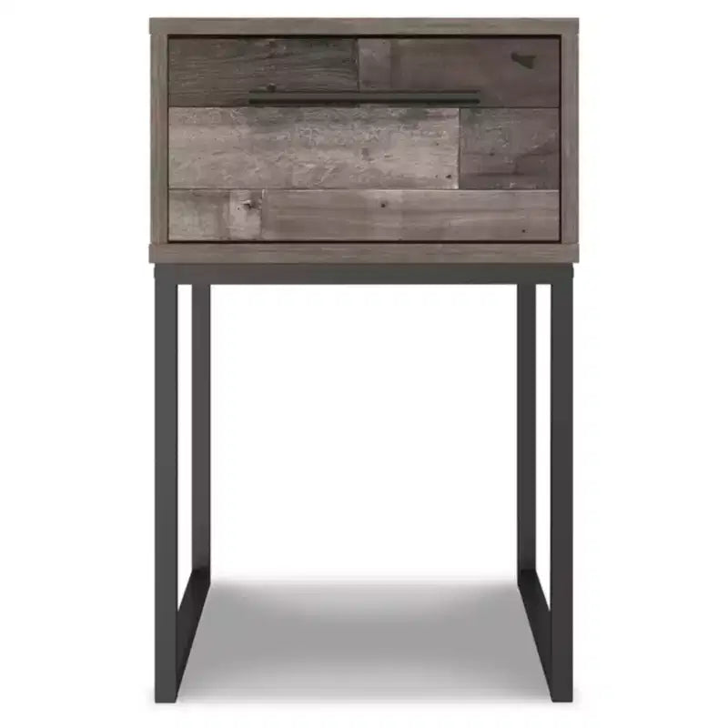 Neilsville Nightstand Black/Gray/Beige - : Rustic Mid-Century Modern, Metal Frame, Drawer