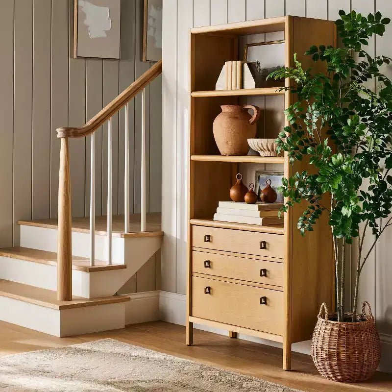 Bibliothèque avec tiroirs - ™ conçue avec : une Armoire Haute en Placage de Bois, 3 Étagères