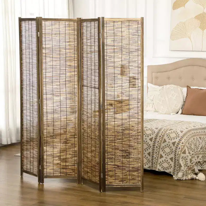 Paravent de 1,68 m de haut avec bois et roseau tressé à la main, paravent pliable à 4 panneaux, séparateur de pièce portable