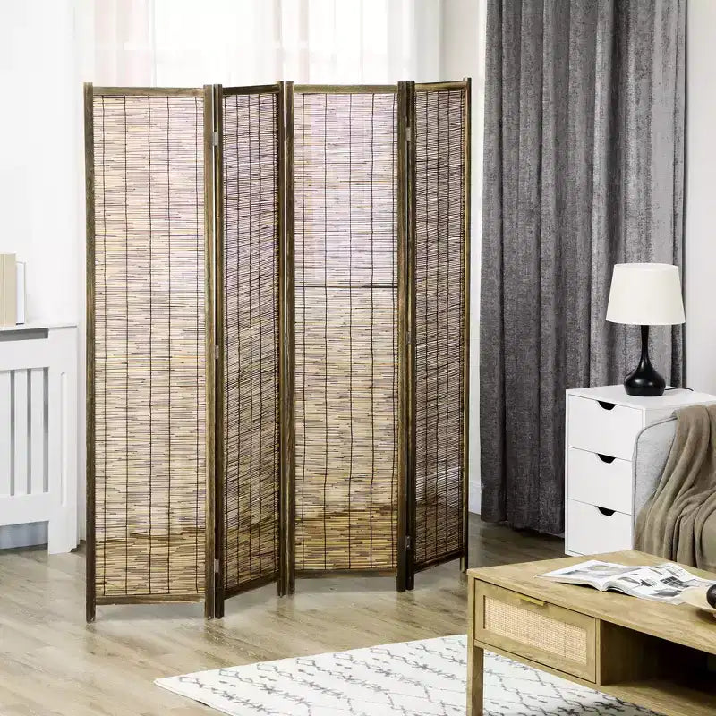 Paravent de 1,68 m de haut avec bois et roseau tressé à la main, paravent pliable à 4 panneaux, séparateur de pièce portable