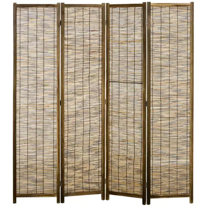 Paravent de 1,68 m de haut avec bois et roseau tressé à la main, paravent pliable à 4 panneaux, séparateur de pièce portable