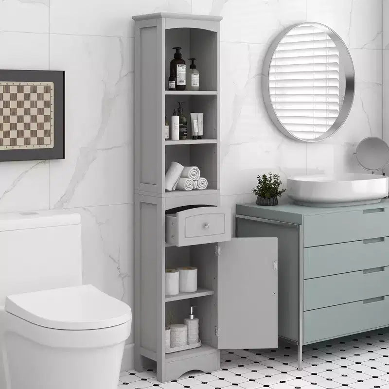 Meuble de rangement haut de salle de bain avec étagères, tiroir et porte, colonne de salle de bain étroite et autoportante pour petits espaces