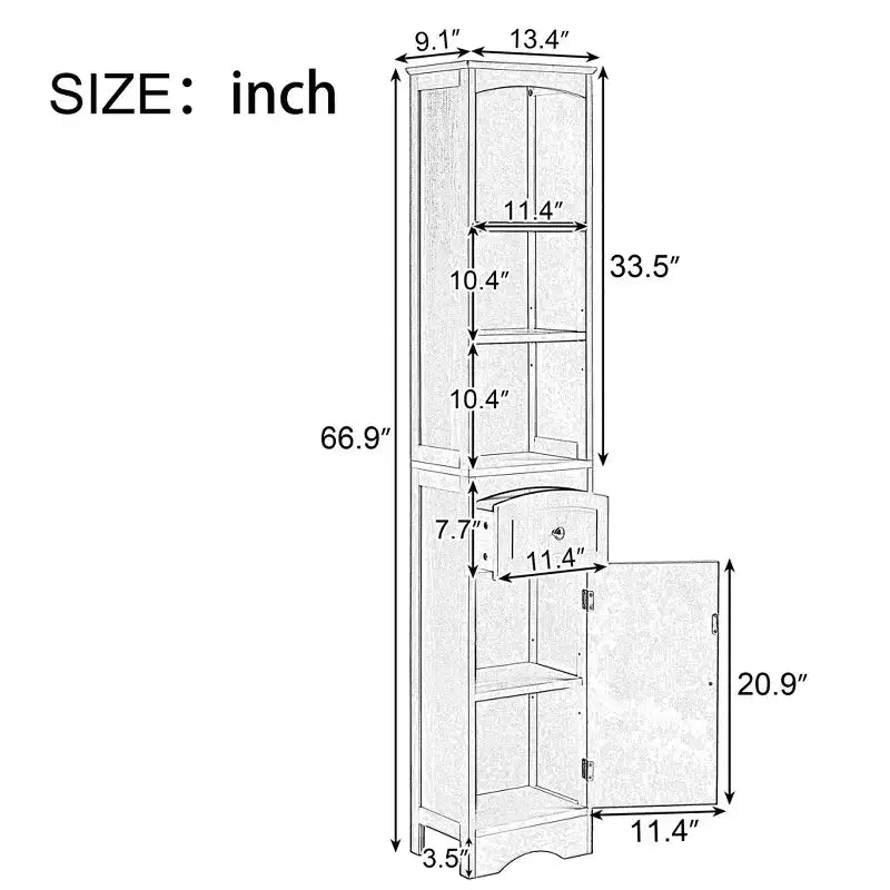 Meuble de rangement haut de salle de bain avec étagères, tiroir et porte, colonne de salle de bain étroite et autoportante pour petits espaces