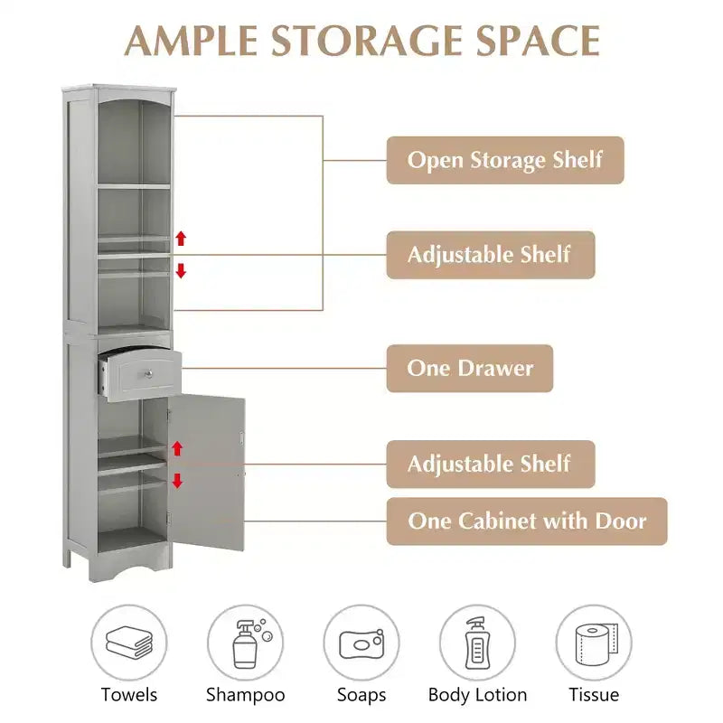 Meuble de rangement haut de salle de bain avec étagères, tiroir et porte, colonne de salle de bain étroite et autoportante pour petits espaces