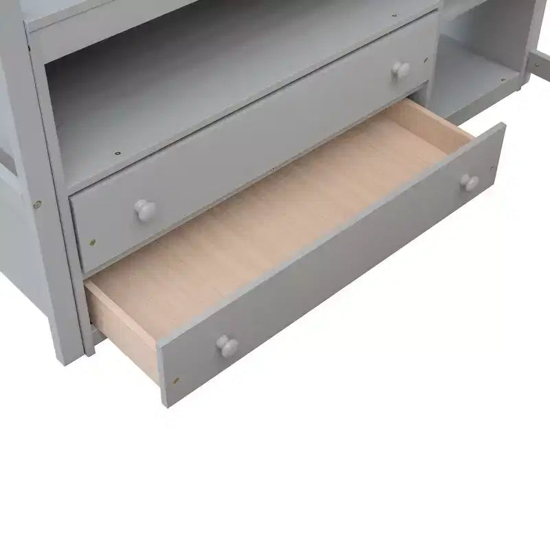 Lit mezzanine double avec bureau, étagère et deux tiroirs intégrés