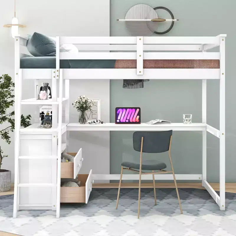 Lit mezzanine double avec bureau, étagère et deux tiroirs intégrés