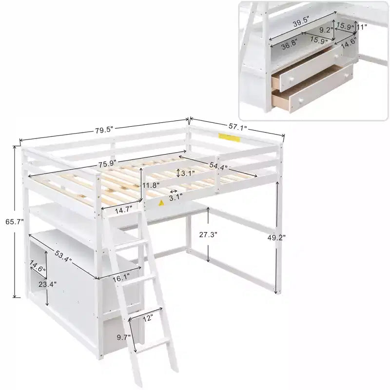 Lit mezzanine double avec bureau, étagère et deux tiroirs intégrés