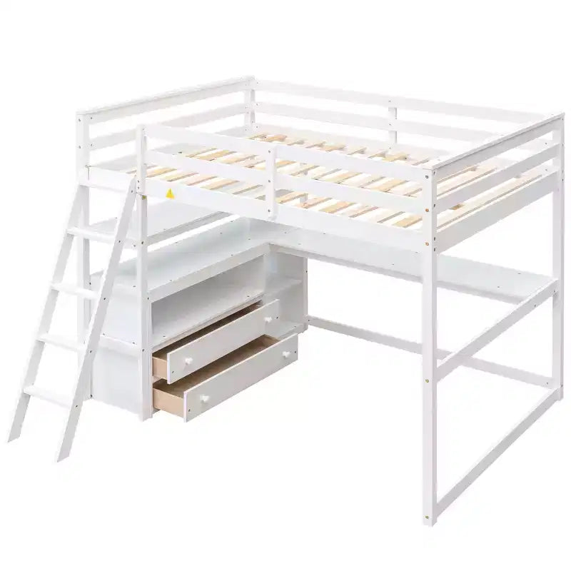 Lit mezzanine double avec bureau, étagère et deux tiroirs intégrés