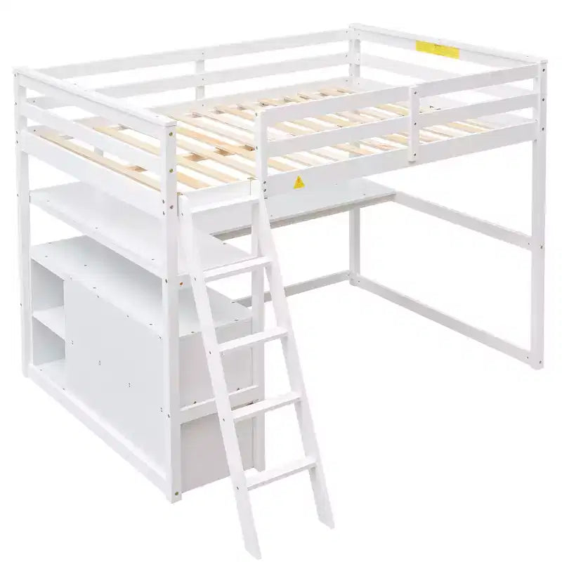 Lit mezzanine double avec bureau, étagère et deux tiroirs intégrés