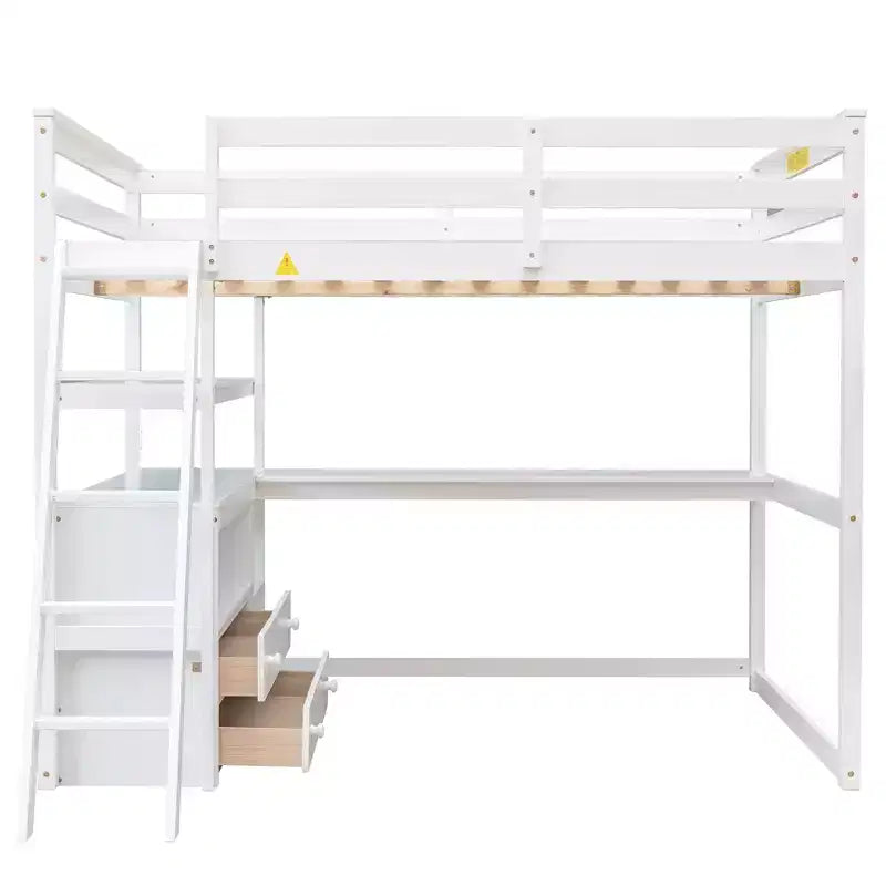 Lit mezzanine double avec bureau, étagère et deux tiroirs intégrés