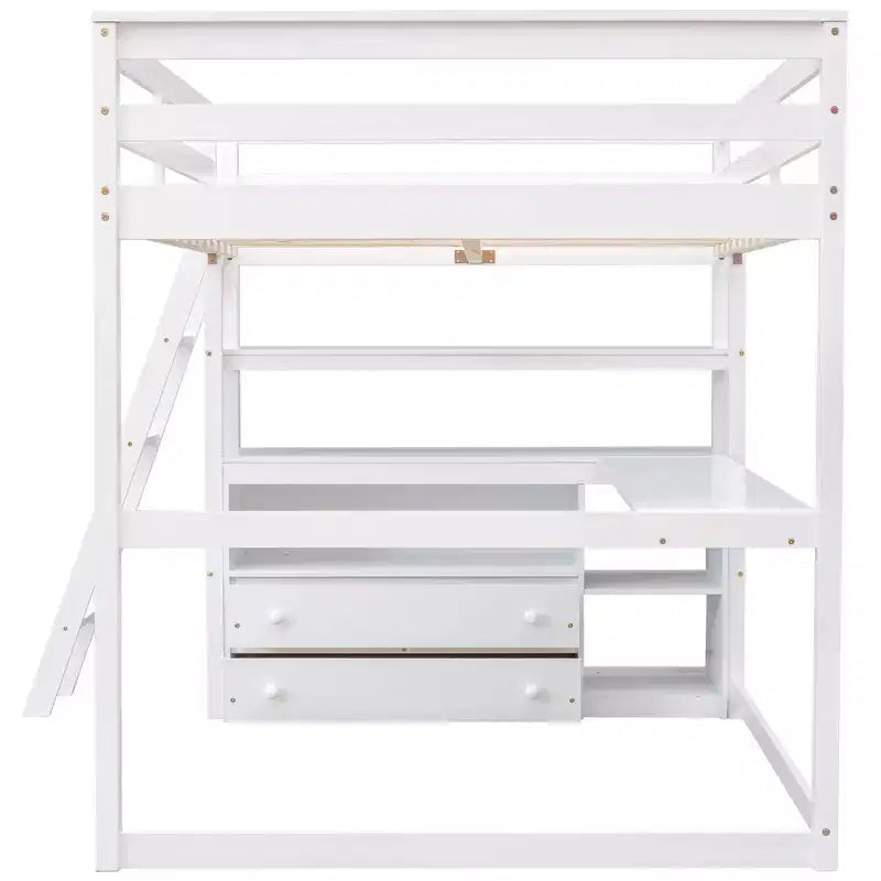 Lit mezzanine double avec bureau, étagère et deux tiroirs intégrés