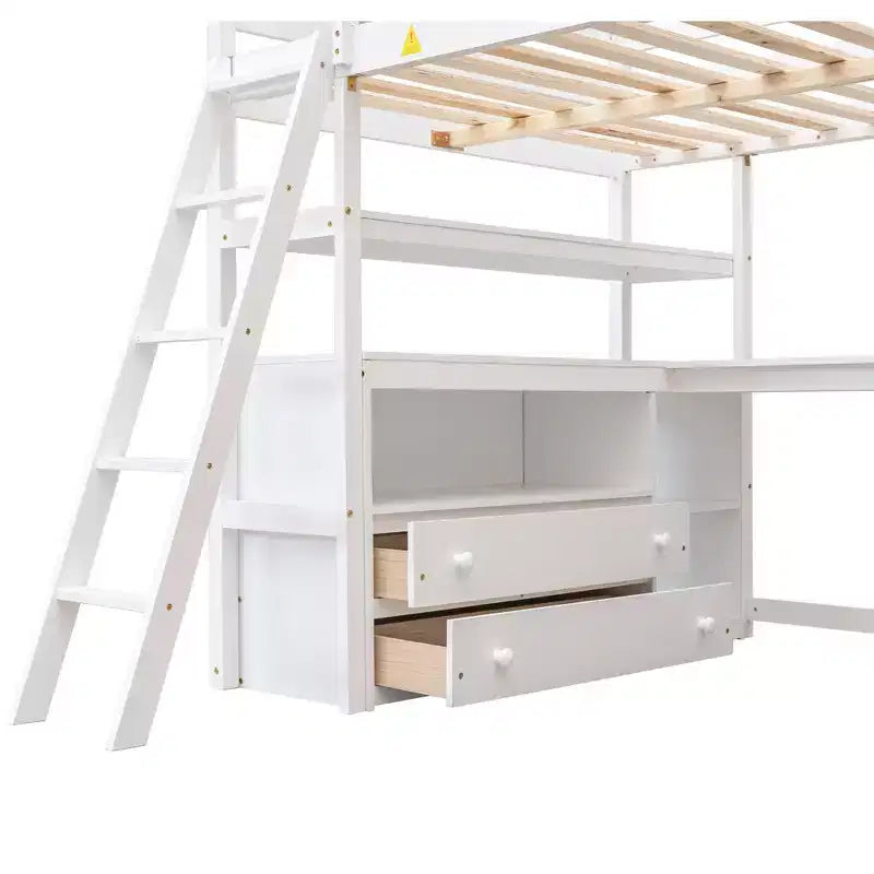 Lit mezzanine double avec bureau, étagère et deux tiroirs intégrés