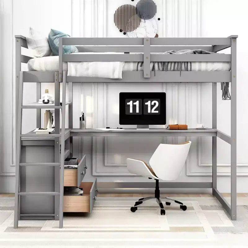 Full Size Loft Bed with Desk, Shelf and Two Built-in Drawers