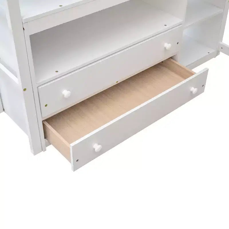 Lit mezzanine double avec bureau, étagère et deux tiroirs intégrés