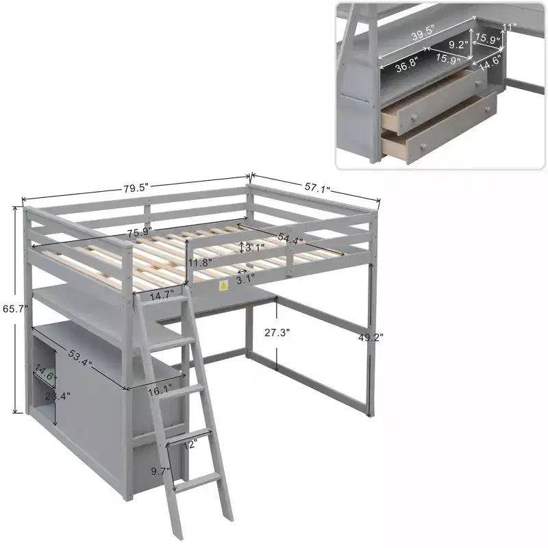 Lit mezzanine double avec bureau, étagère et deux tiroirs intégrés